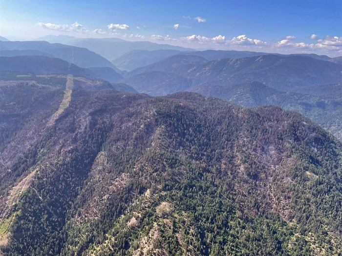 An aerial view of the Keremeos Creek wildfire from Aug. 26, the day it became classified as held.