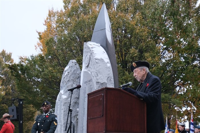 Dick Fletcher speaks during Kelowna's Remembrance Day ceremony in City Park.