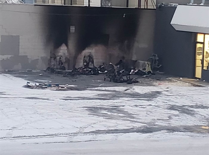 Remnants a fire in a parking lot in the 100-block of Knox Street in Kamloops.  