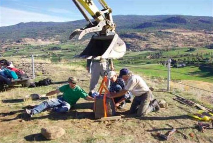 This photo was taken during the installation of Pen Henge with, left to right, Jordy Bouillet, Jim Shover and Chris Purton.