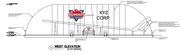 Blueprints for the hockey arena that will display the record-breaking stick and puck in Lockport, Illinois.