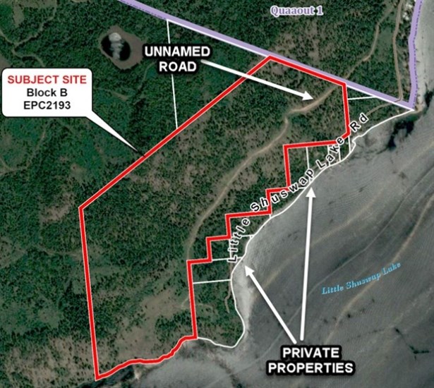 This regional district map shows the proposed reserve expansion, bordered in red, and the private lakefront properties.