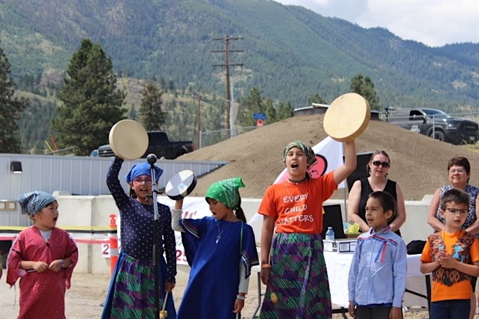 Grade One students from the Outma Sqilx’W Cultural School sharing a song. 