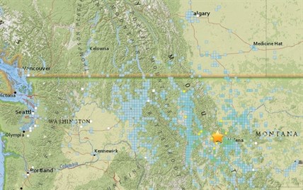 The blue squares on this map show areas where people reported feeling rumblings from the earthquakes today, July 6, 2017.