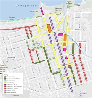 Parking areas in Penticton, with 2 hour paid parking areas shown in yellow.